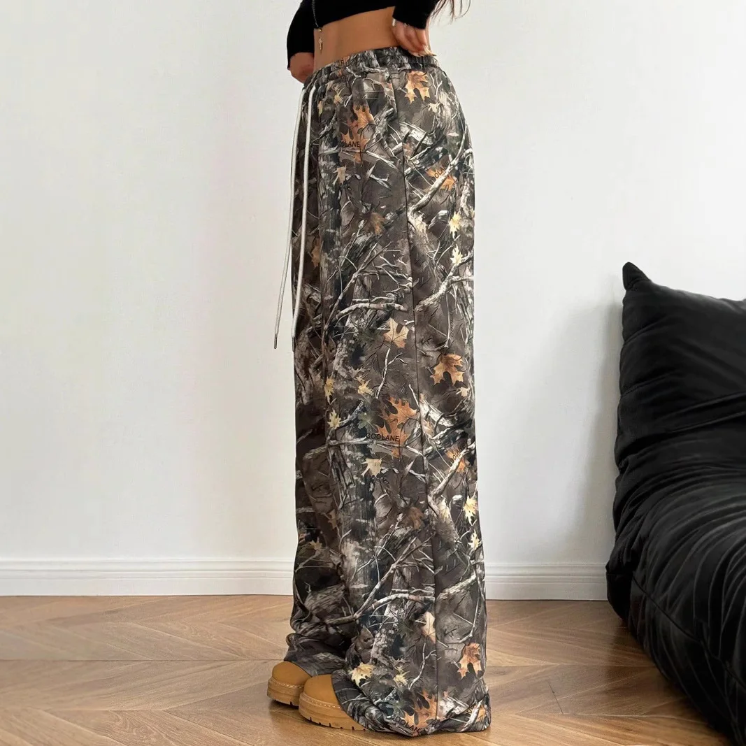 2025 American Teen Women's Fashion Casual Elastic Waist Camouflage Printing Skinny Wide Leg Floor Pants