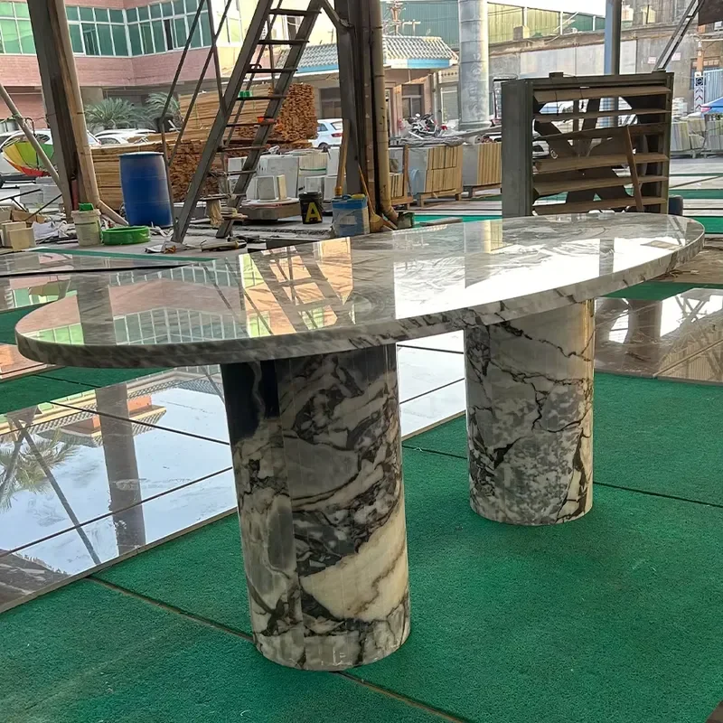 New Design Customized Dining Room Furniture Oval Natural Stone Round Calacatta Blue Marble Dining Table With 2 Legs