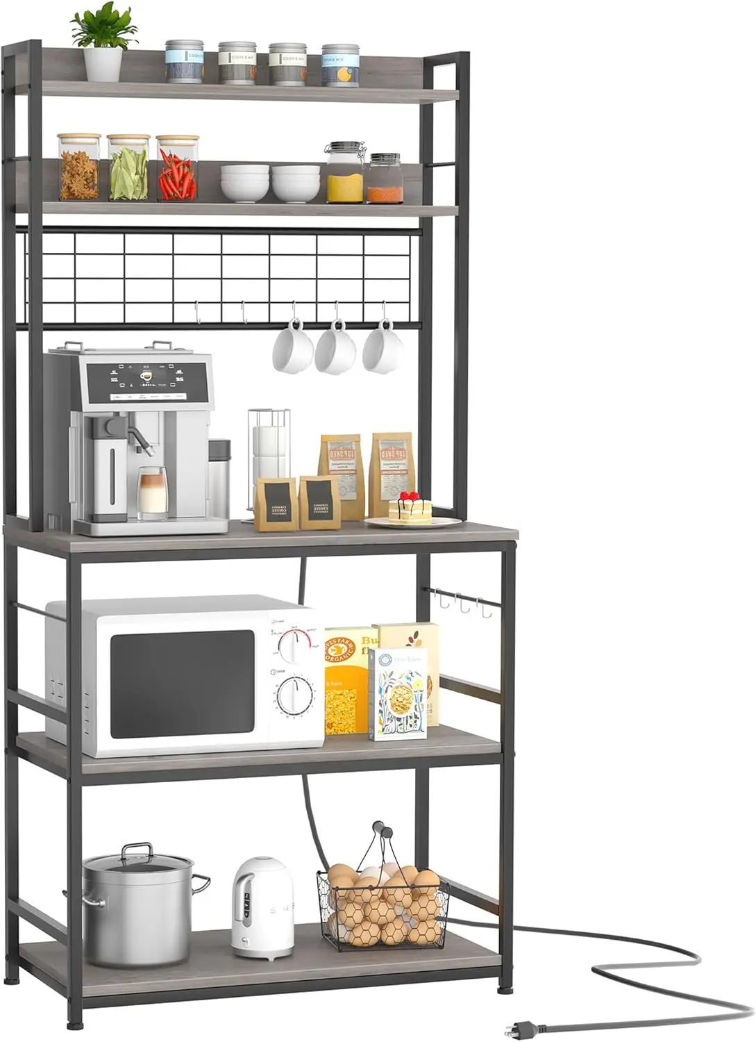 

Coffee Bar Cabinet, Kitchen Racks with Storage Cabinet, 5-Tier Microwave Stand with 10 Hooks and Metal Wire Panel (Grey)