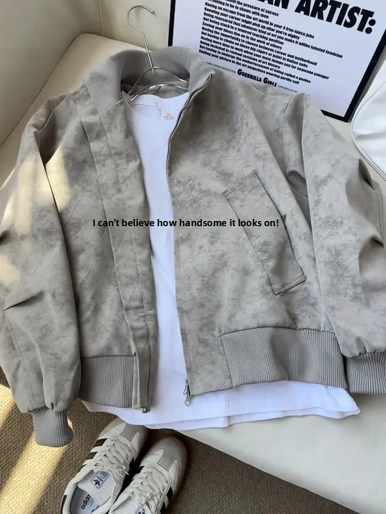 

American Marble Pattern Jaet Men's Autumn Sli High-End Stand Collar Pilot Jaet Leather Clothes Trendy Baseball orm