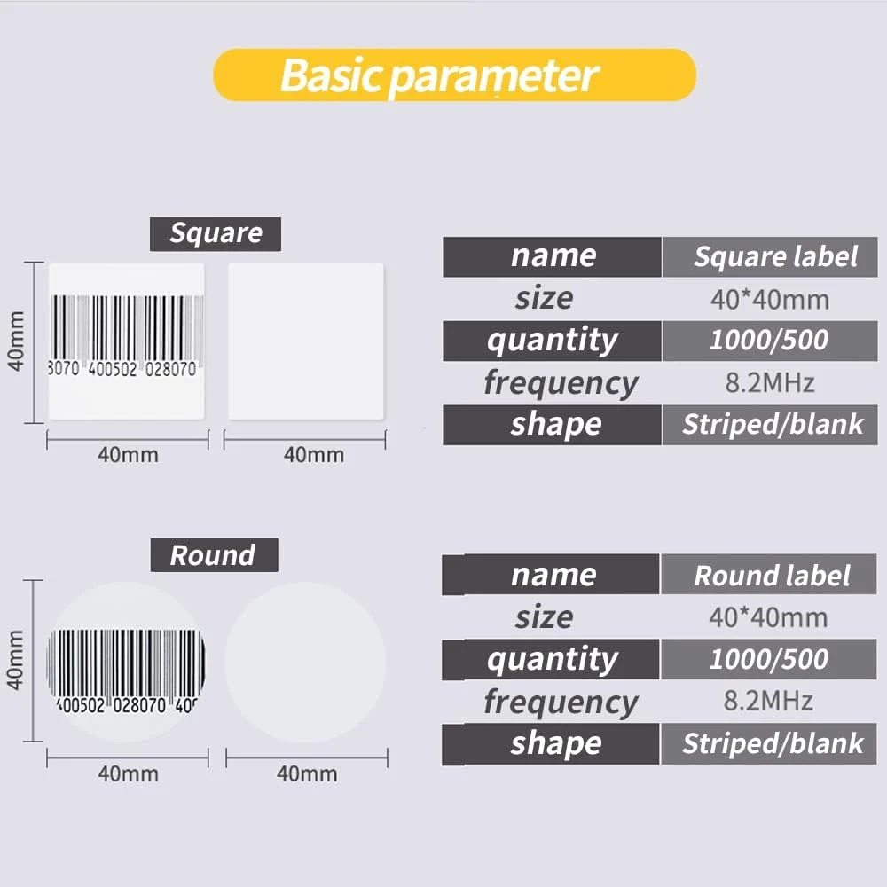 1000PCS RF 8.2Mhz Security Labels Sticker Square 1.5 X 1.5 Inch Barcode EAS Checkpoint Compatible EAS Loss Prevention