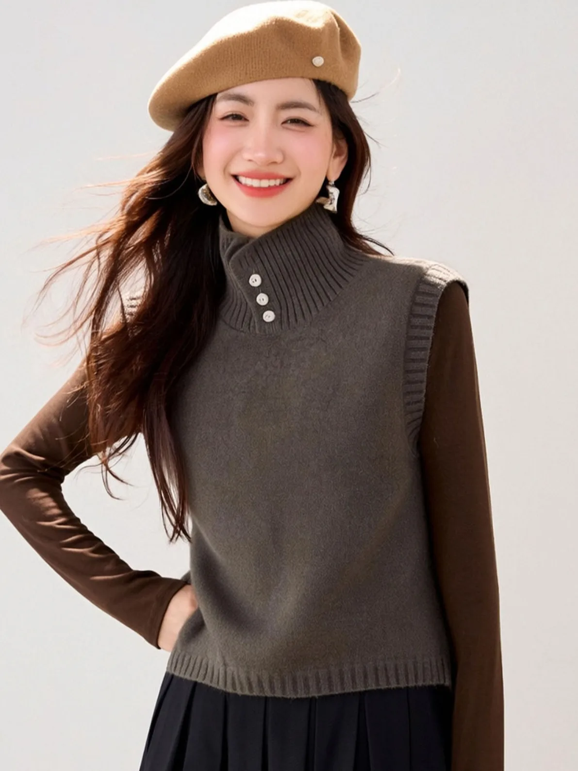 

Весенне-осенний шерстяной вязаный жилет женский с высоким воротником, свободный крой, мягкая ткань, повседневный стиль, онлайн-продажа