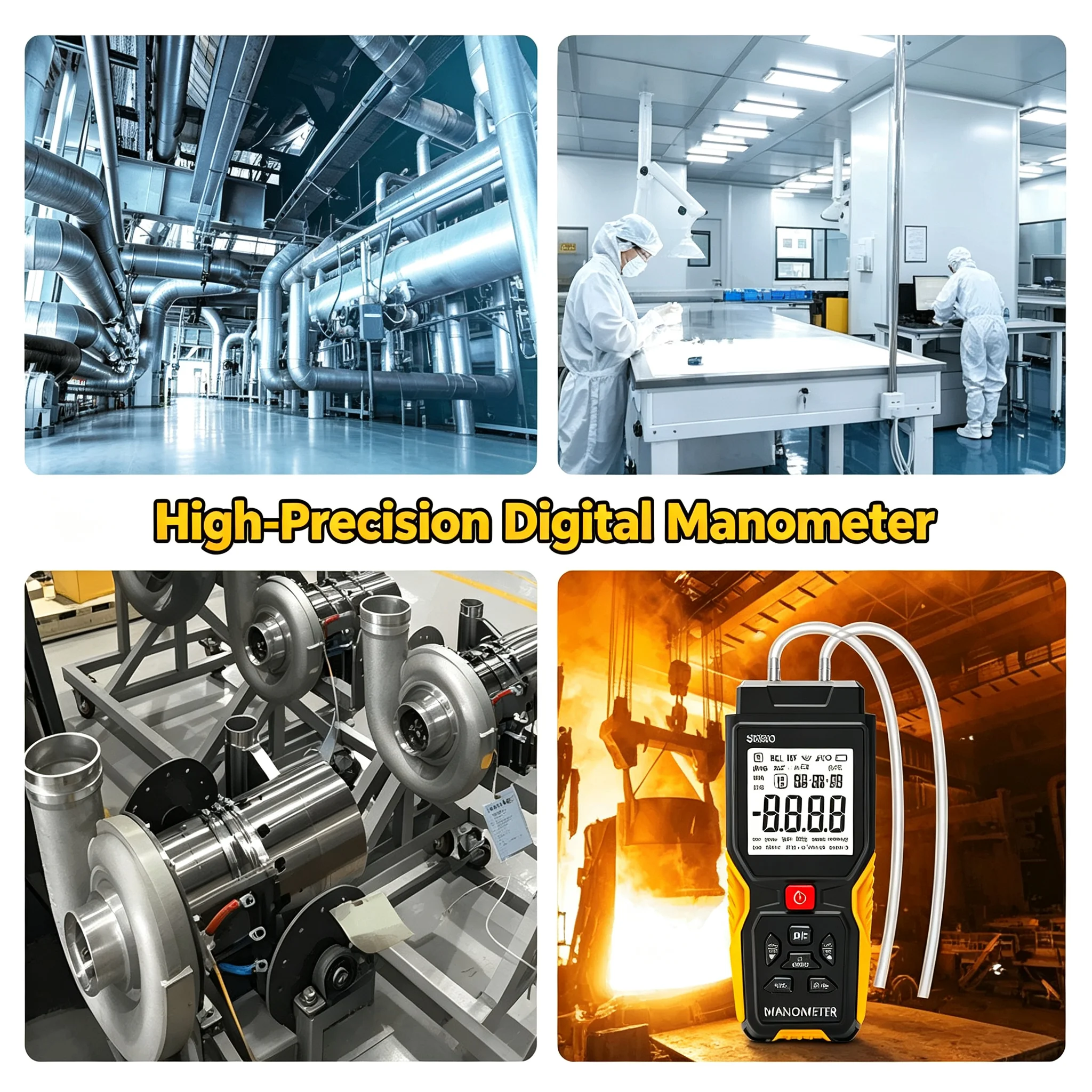 ±36.8kPa Dual-Port Digital Manometer with 12 Selectable Units & Data Storage, Diff Pressure Gauge for HVAC & Gas Pipe Test