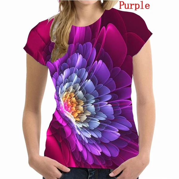 

Women's Fashion Summer Casual O-neck Short Sleeved Tops Ladies Flowers Printed Blouses Loose T-shirts