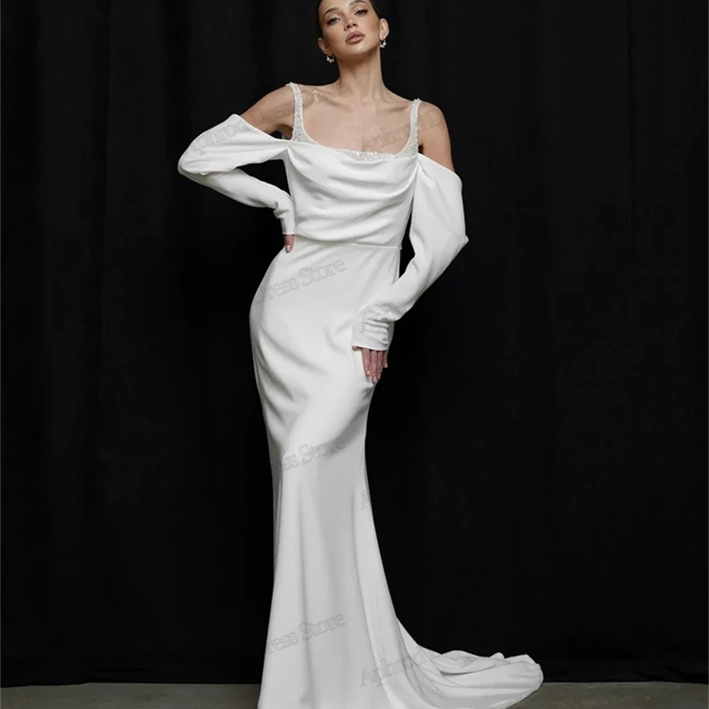 

Modern Wedding Dresses Satin Bridal Gowns Off The Shoulder Sheath Mermaid Spaghetti Straps Beading Appliques Vestidos De Novia