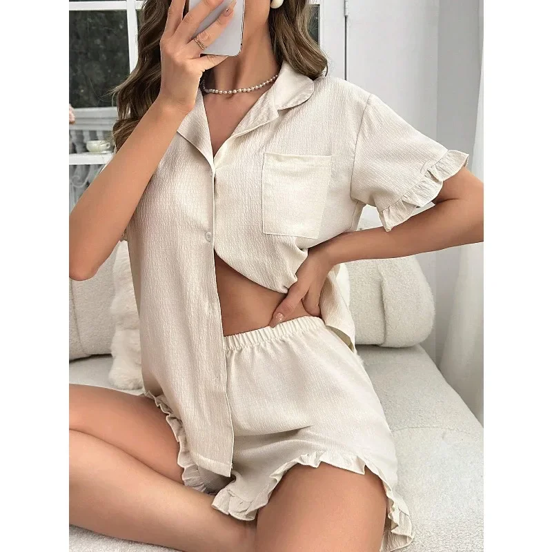 

Patched Pocket Ruffle Trim Set / Pajama Set