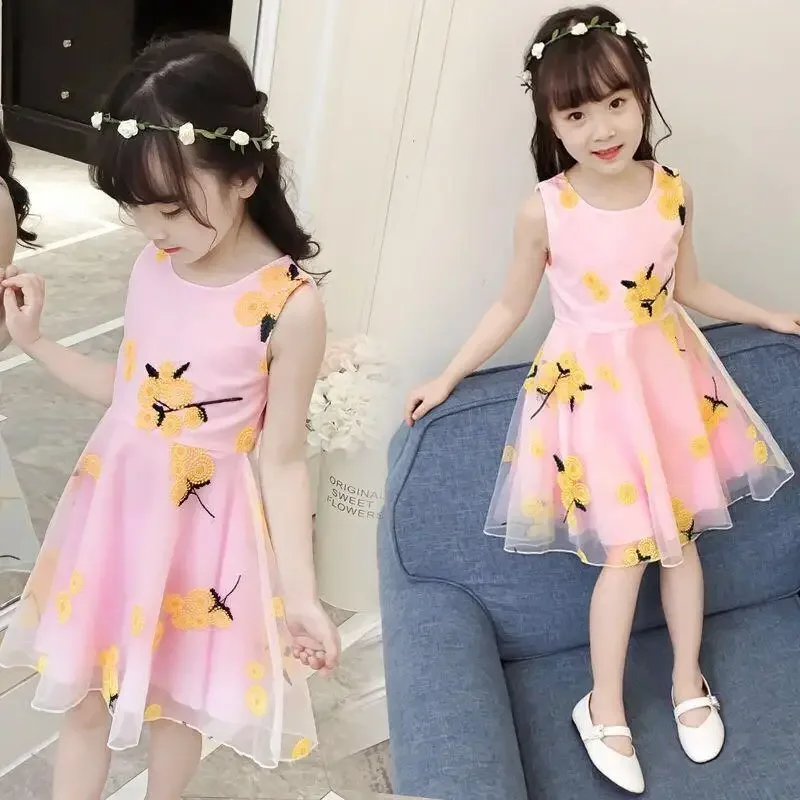 2024 Girls Summer Princess Dress Breathable Short-Sleeved Dress Lady Sweet Floral Vestidos Children\'S Clothing Baby Kids Clothes