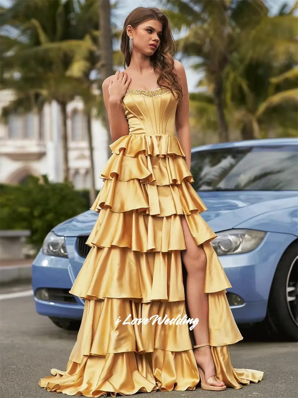 Laranja de um ombro sereia cetim sem mangas frisado vestidos de noite lado split vestidos de noche até o chão plissado personalizado