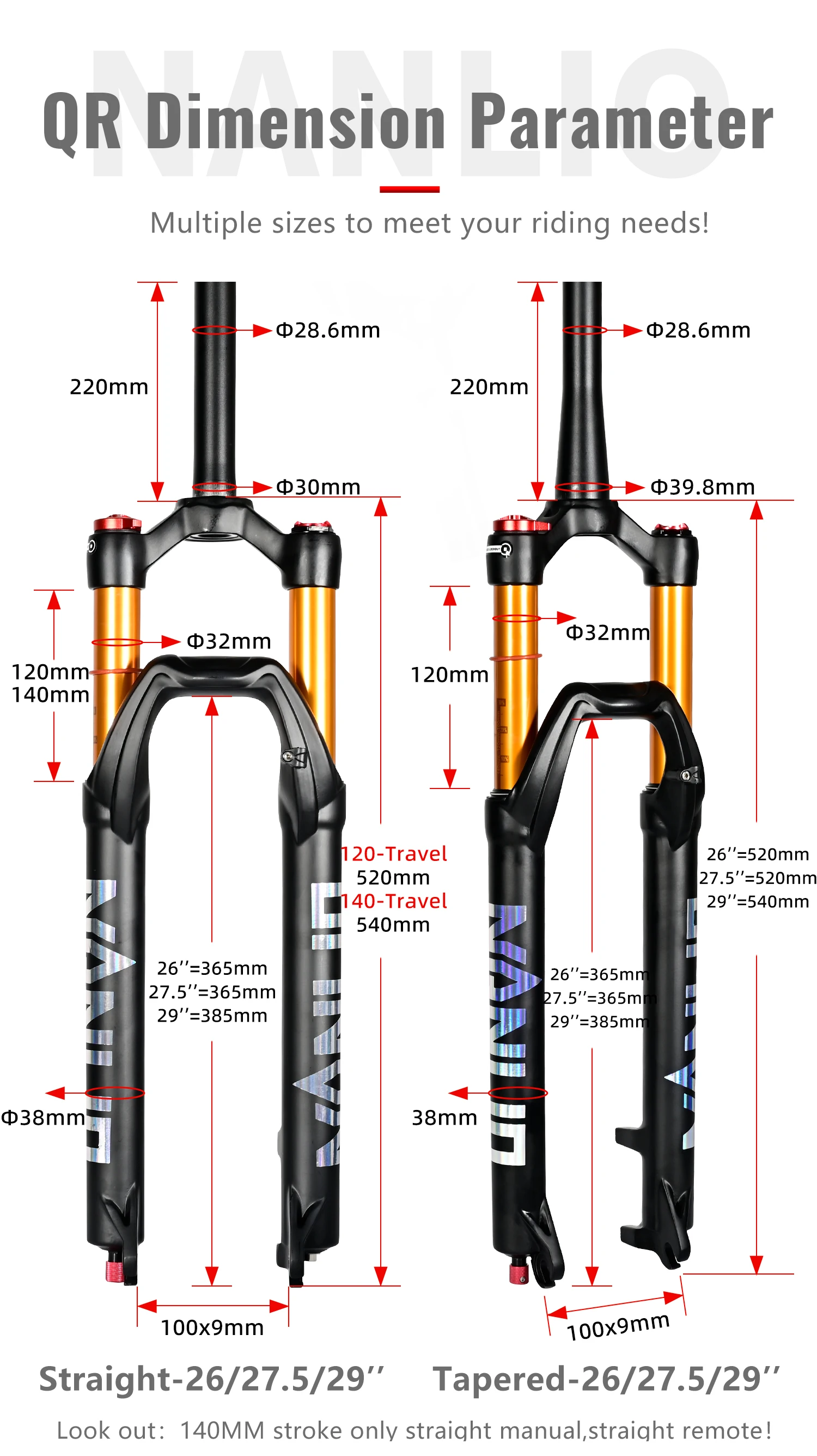 NANLIO X7 PRO MTB Luftfederungsgabel 26 27,5 29 Zoll 120 140mm Federweg mit Rückprall-Einstellung Metallbuchsen Schwarz Gold Fahrradgabel – Detail 10