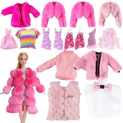 Pink Plush Outfit For Doll Clothes Fashion Sweater Party Dress Costume Mini Coat Pant Suitcase For 1/6 Doll Accessories Kid Toy