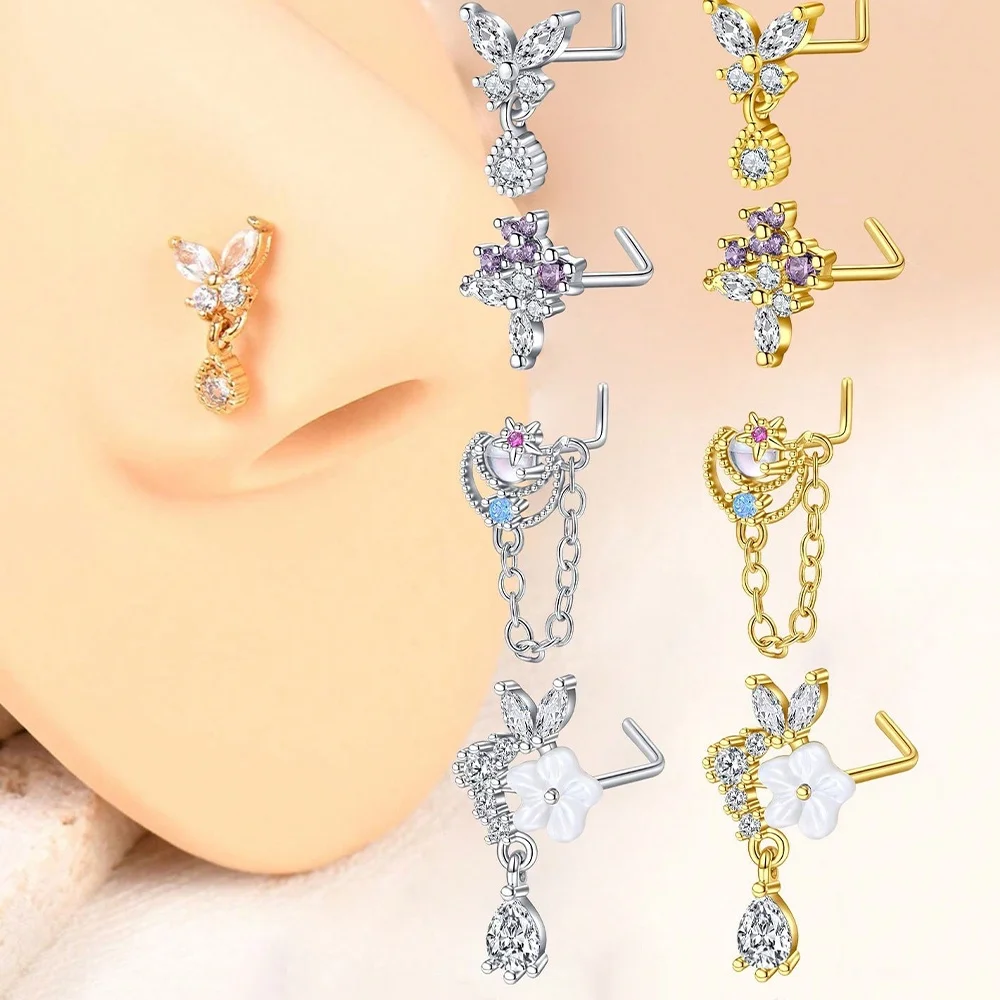 20G حلقات الأنف المتدلية، الفولاذ المقاوم للصدأ على شكل حرف L مجوهرات ثقب الأنف المتدلية، حلقات الأنف للنساء والرجال