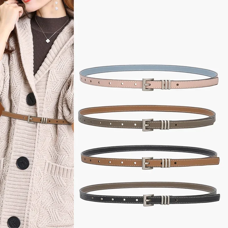 

High-quality Cowhide Women's Thin Belt Luxury Designer Versatile Jeans Dress Accessories Girdle Silver Pin Buckle Waistband