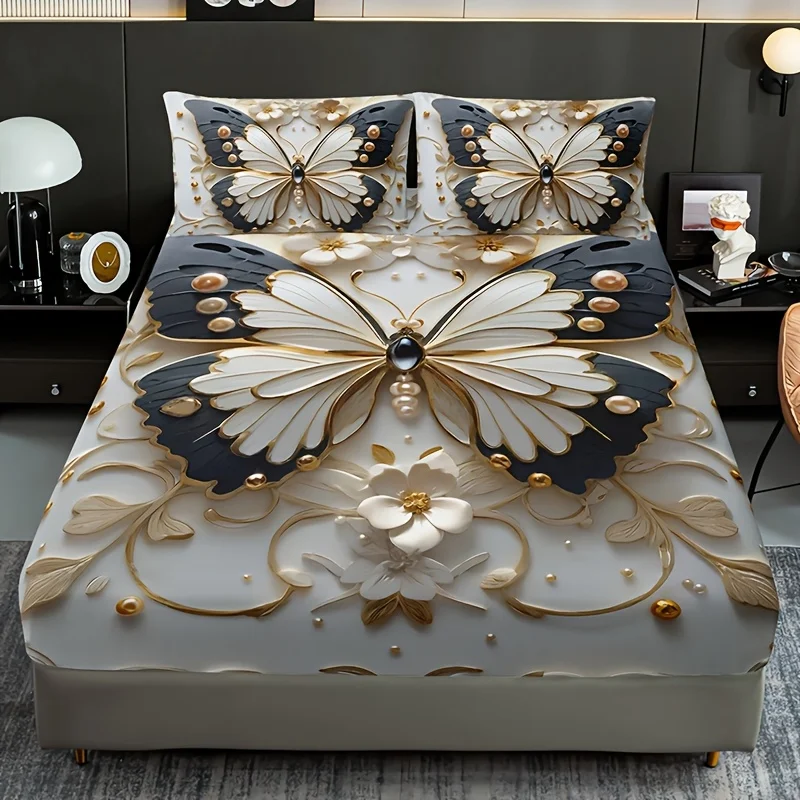 Three-dimensional White Embossed Butterfly Fitted Sheet Set 1 Fitted Sheet High-definition Printing for Home and Dormitory