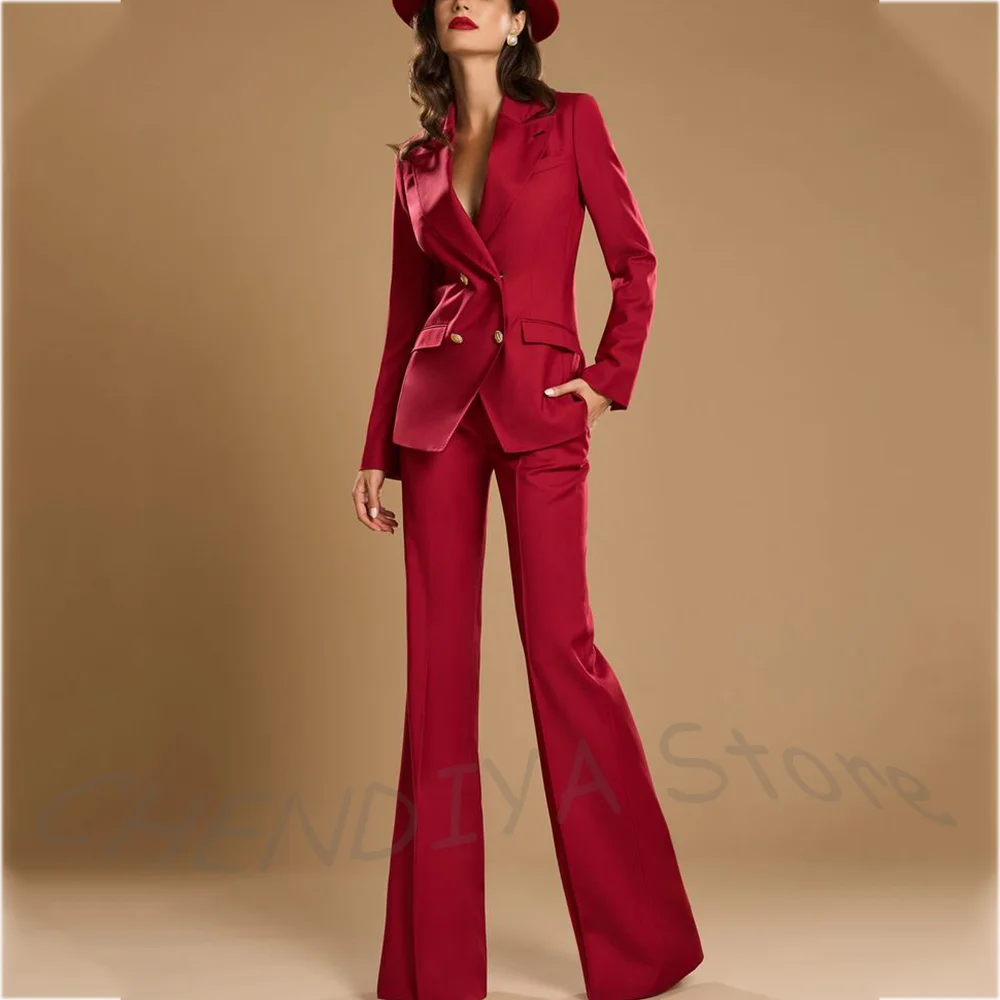 بدلة نسائية فاخرة ذات طية صدر السترة باللون الأحمر الزي الحديث قطعتين كلاسيكية مزدوجة الصدر مصممة خصيصًا طقم بدلة نسائية احترافية