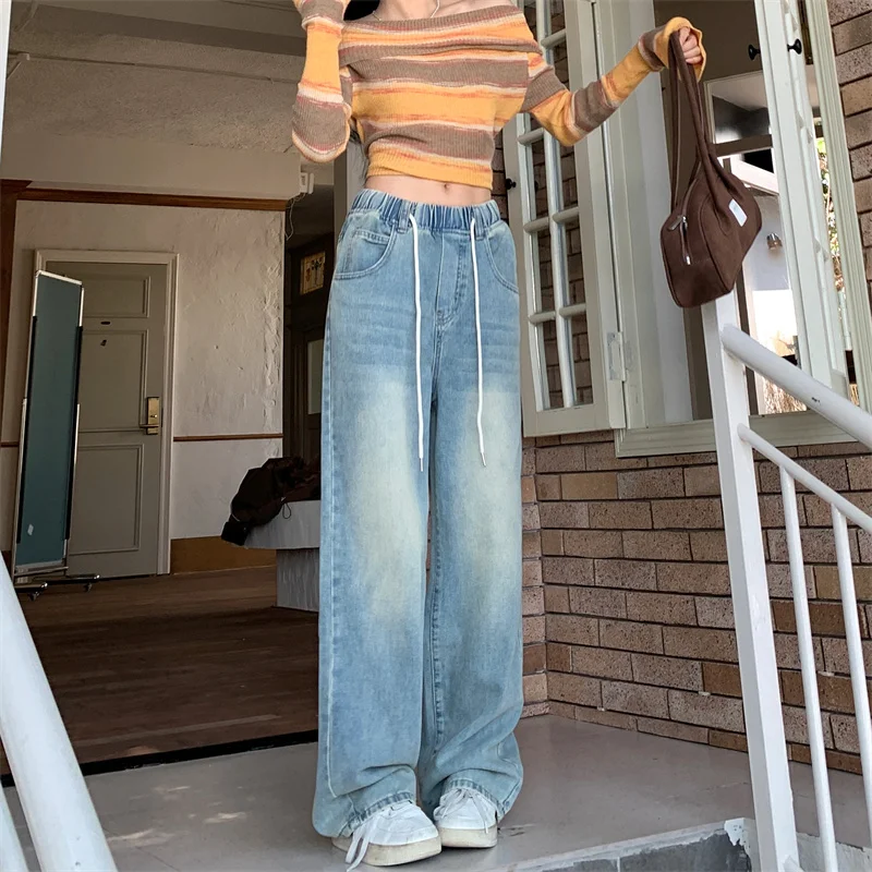 

2025 Women's Y2K Jeans Drawstring Waist Wide Leg Denim High Waist Vintage Straight Drag Pants 2557