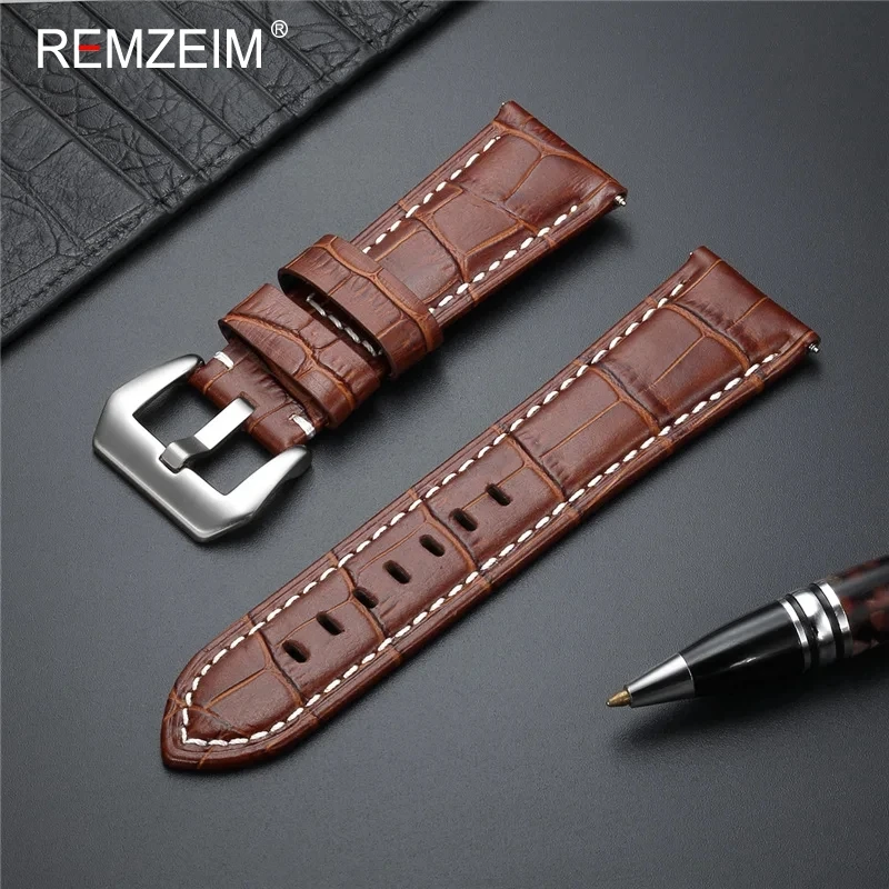 Embossed Genuine Leather Watch Band 20mm 22mm 24mm 26mm Black Dark Brown Watch Straps for Men Bracelets