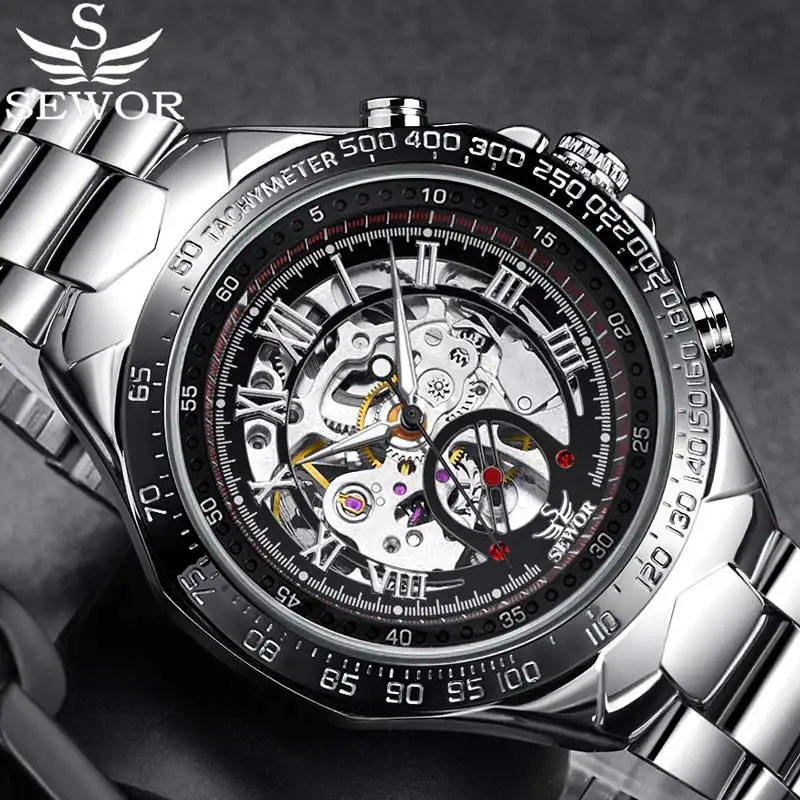 

SEWOR Watch Men Gold Skeleton Watches Casual Stainless Steel Automatic Self-Wind Mechanical Wristwatches Men Relogio Masculino