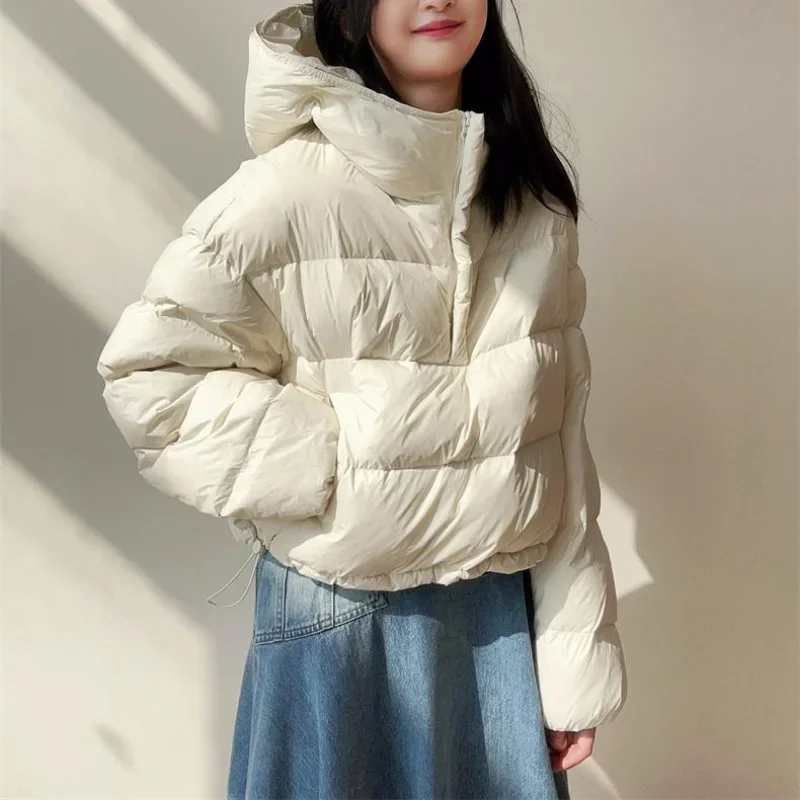 American Short Pullover Hooded Cotton Padded Jacket Half Zip Hoodie Parkas Women Winter New Niche Thick Warm Bread Coats Trendy