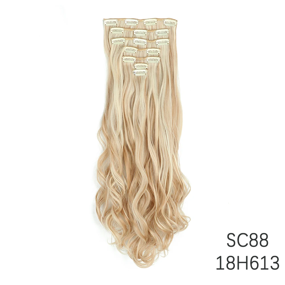 AZQUEEN Long Natural Wavy Synthetic 16 Clips Hair Extensions Clips In High Temperature Fiber Golden Blonde 7 Pcs/Set Hairpieces