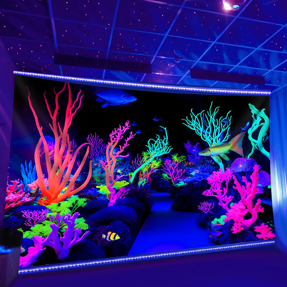 1pc UV Blacklight Neon Underwater Coral Reef Tapestry, Glow in the Dark Aquarium Wall Hanging for Bedroom Living Room Party