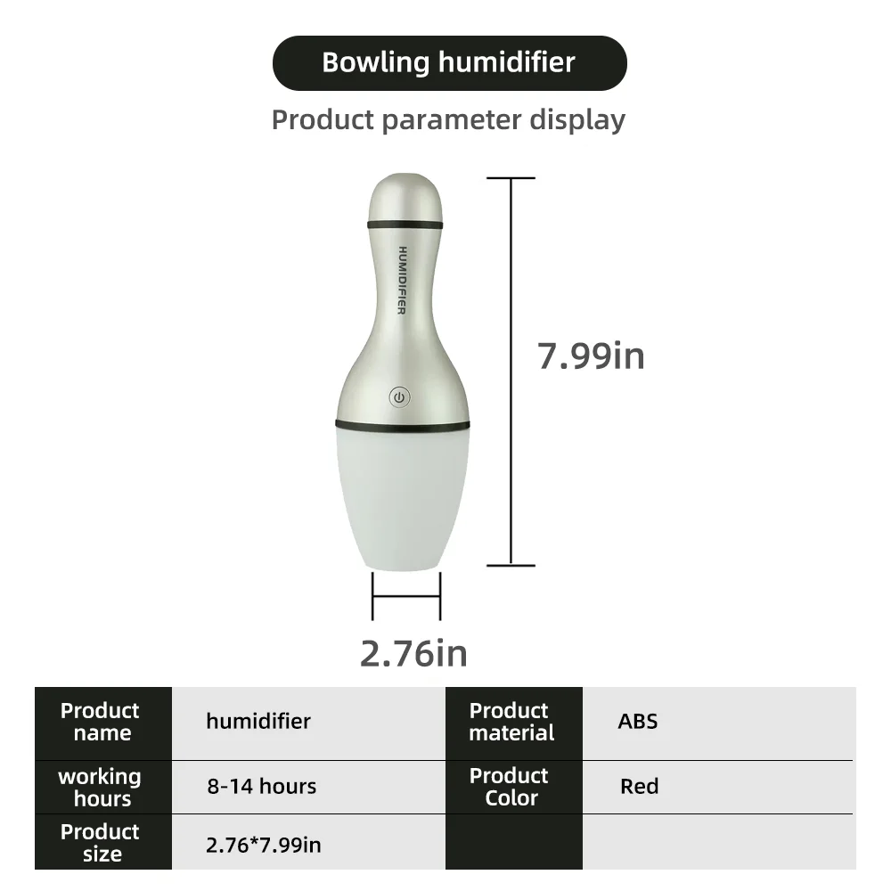 Whisper-Quiet Bowling-luchtbevochtiger, 300 ml capaciteit, grijze diffuser met kalmerende gloed voor perfect slaapkamer- en autocomfort