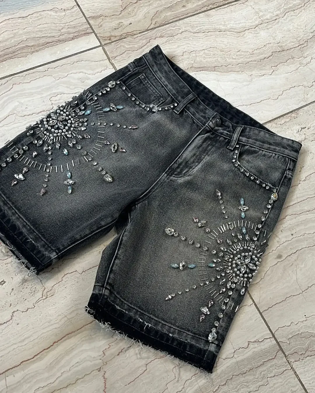 Y2k Gothic Hip Hop Strass Streetwear Shorts Retro blau Baggy Jeans Denim Gym Shorts Männer Frauen High Taille Basketball Shorts