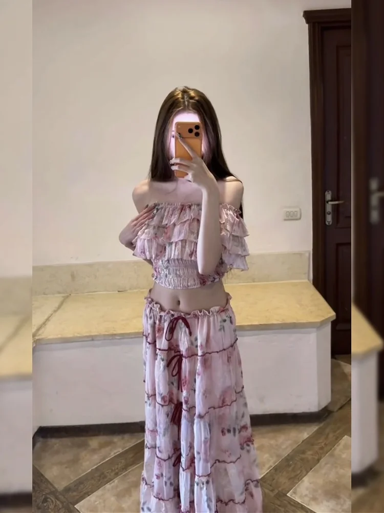 

Pure Desire One Shoulder Heavy Embroidery Lace Trim Top Women's Holiday Style Floral Half Skirt Two Piece Set High Waist