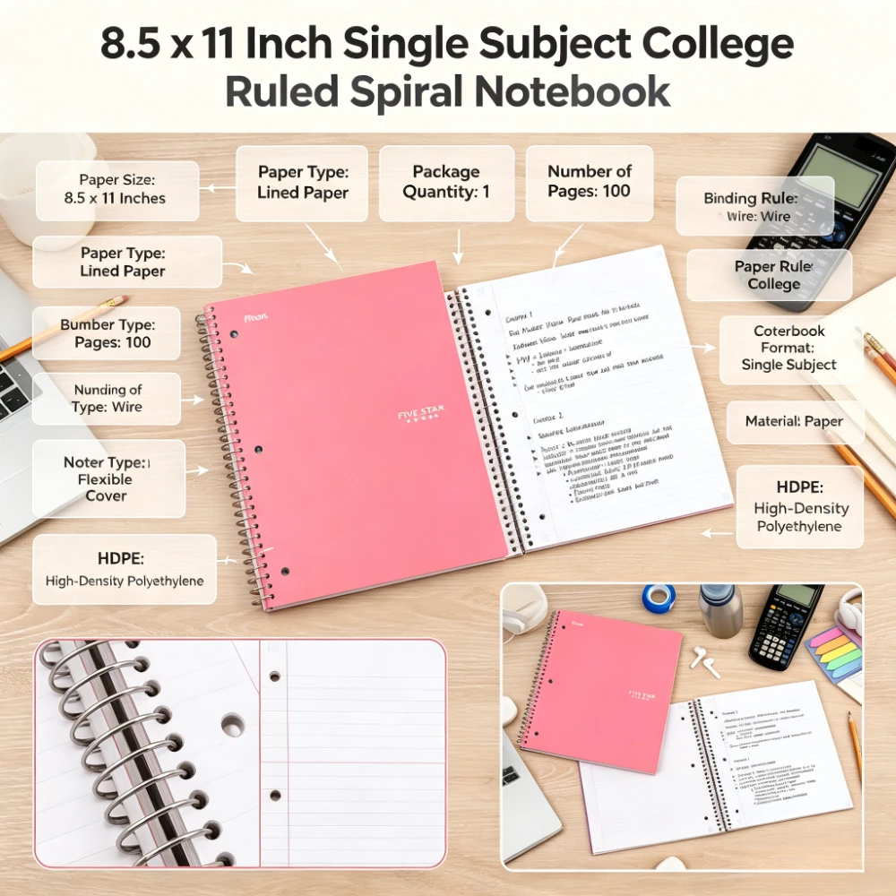 8.5" x 11" Single Subject College Ruled Spiral Notebook, 100 Pages, Prom Pink Flexible Cover Wire Bound Notebook for School & Office Supplies