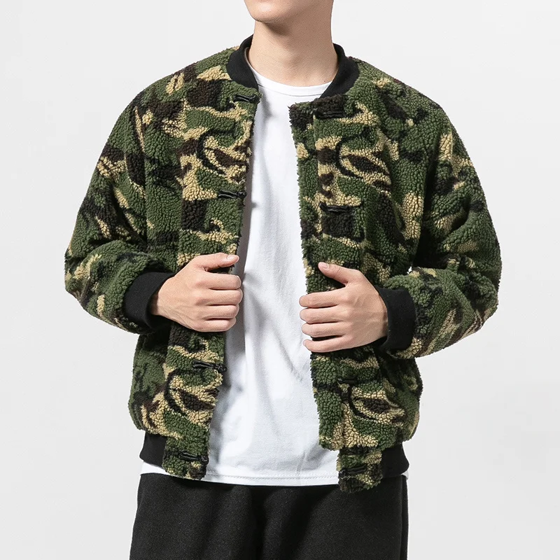 Chinese Style Plus Size Camouflage Fleece Jacket Winter Fashion Parkas Men Clothing Ethnic Style Retro Lamb Wool Coat Harajuku