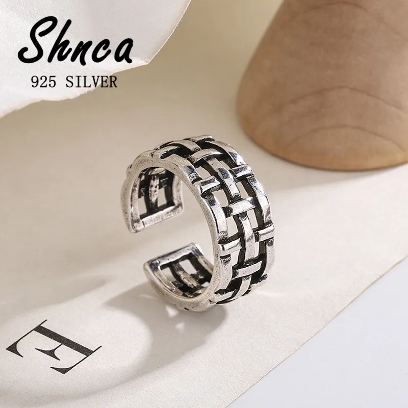 Punk New Trendy 925 Sterling Silver Geometric Weave Thai Silver Adjustable Rings For Women Girl XR203