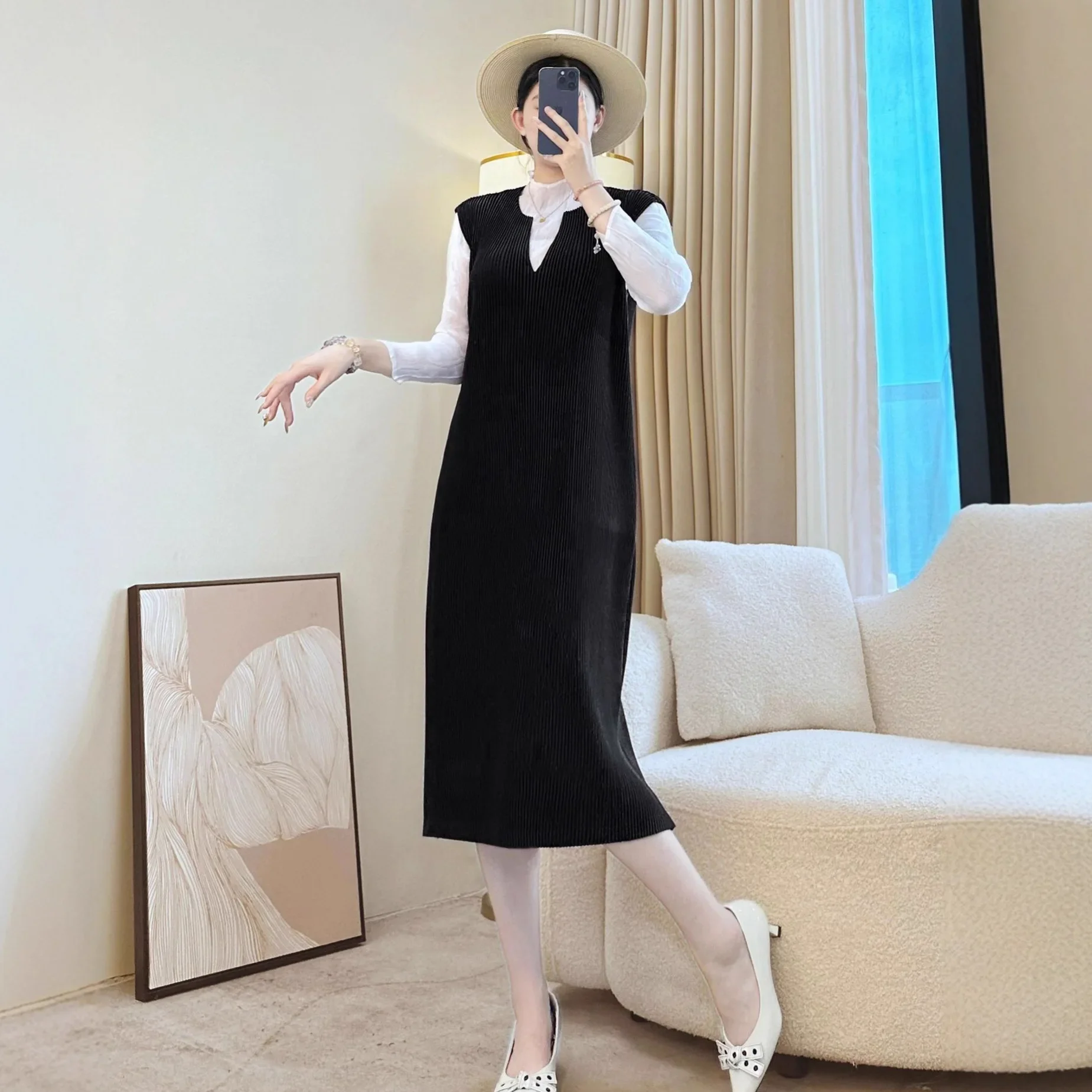 

Miyake Pleated Burgundy Vest Skirt, Solid Color Pleated Skirt, Fashionable Mother's Wedding Dress, Long Dress, 2025 Autumn New