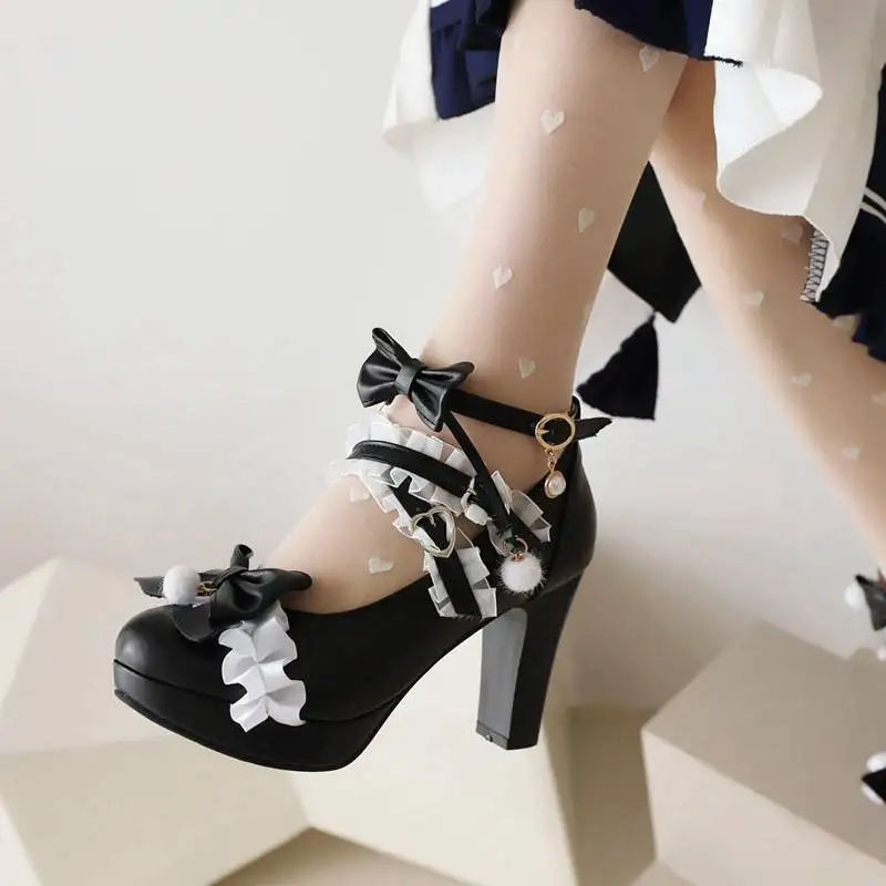 REAVE CAT Design Women Pumps Round Toe Ultrahigh Heel 9cm Buckle Strap Lace Bowknot Sweet Lolita Girls Shoes 44 45 46