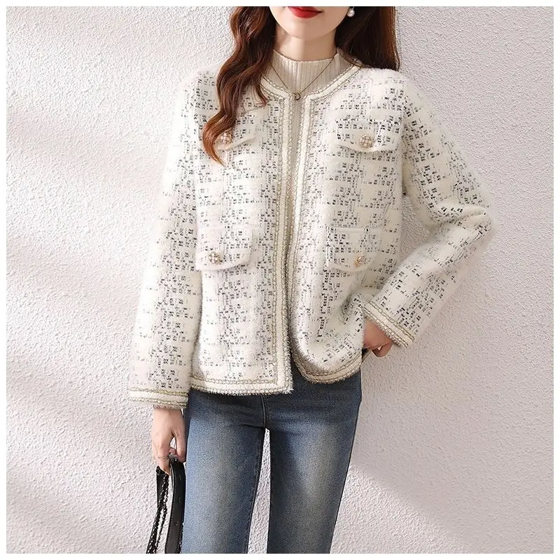 Xiaoxiangfeng-Cardigan en dentelle patchwork à col rond pour femmes, manteau à manches longues, poches boutonnées, mode coréenne, automne et hiver