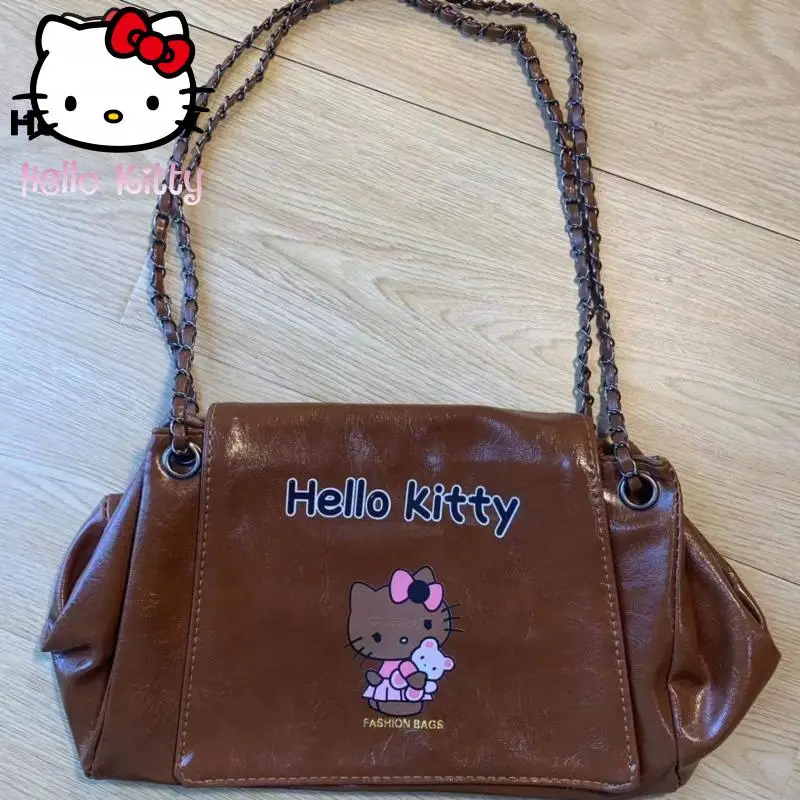 kawaii Hello Kitty Simple Chain One Shoulder Bag Y2k Women Cartoon Printing Textured Handbag  Korean Style Casual Crossbody Bag