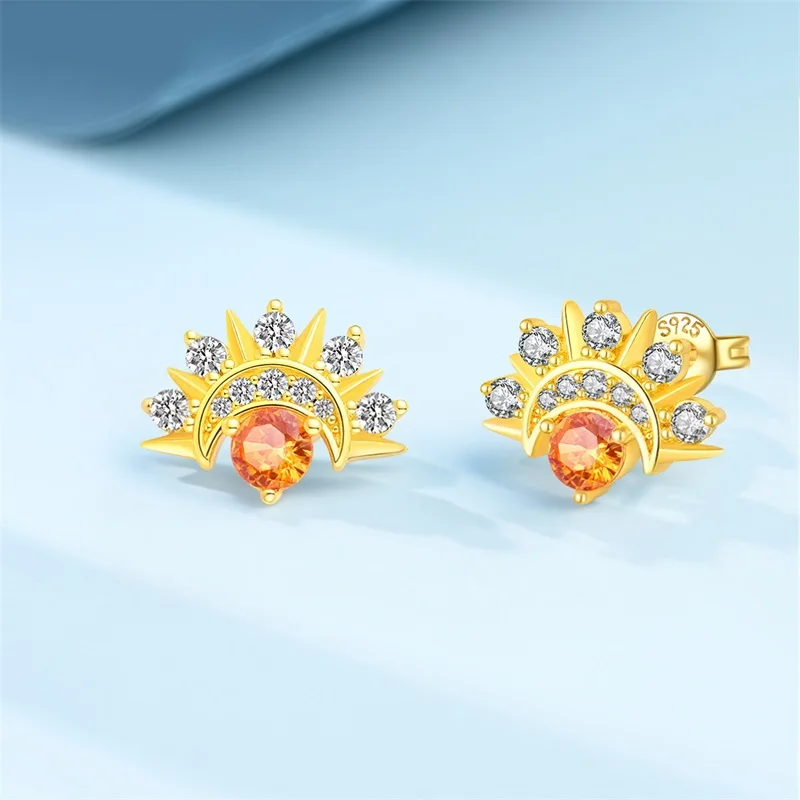 New 925 Sterling Silver Gold Sun Stud Earrings Sparkling Zircon Earrings For Women Fine Birthday Anniversary Jewelry Gifts
