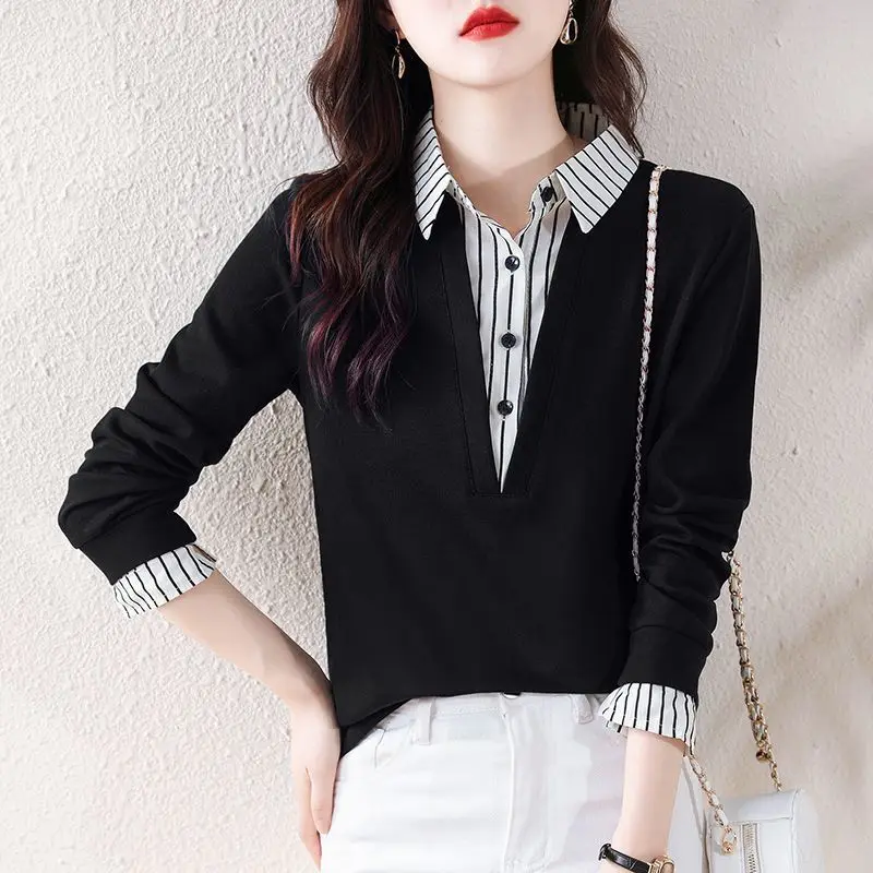 Plus Size Shirt Tops Spring Autumn New Long Sleeve Fake Two-piece Loose Striped Patchwork T Shirts Fashion Elegant Women Clothes