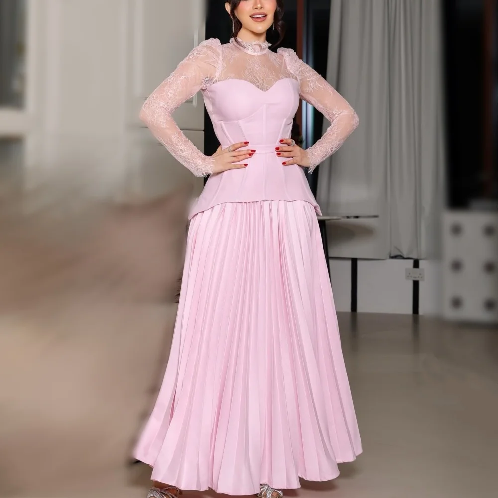 

Customized Elegant Lace High Collar Formal Evening Dress Pleat A-line Long Dresses Wedding Party Dress Classic