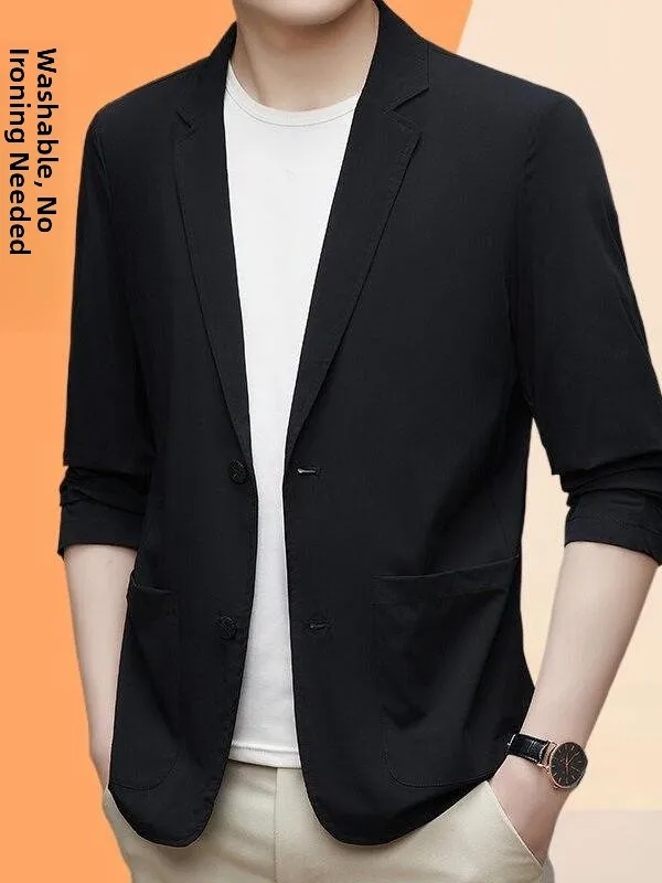 

Lightweight Men's Ice Silk Cool Feeling Seamless Casual Sun Protection Elastic Suiting Outerwear Single-Breasted Ja...