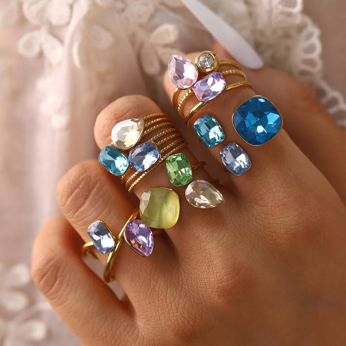 

Stainless Steel Colored Geometric Shape Zircon Asymmetric Open Ring for Women 18K Gold Plated Luxury Waterproof Jewelry Gifts