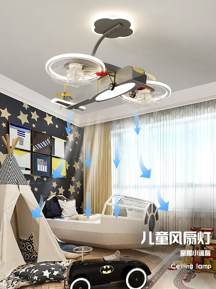 Children's room personality creative airplane model ceiling fan lamp Nordic boy bedroom ceiling fan chandelier 220V