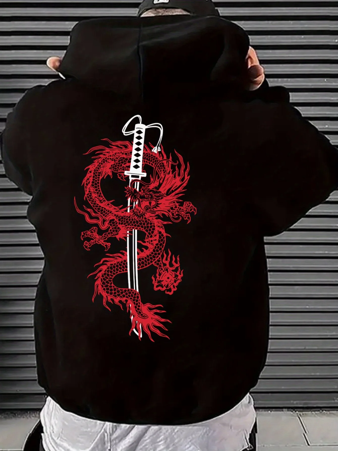 

The white dragon printed hooded sweatshirt features an Asian-style red dragon back design with pockets