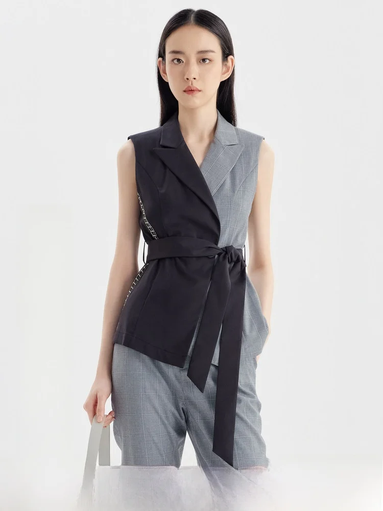 

LIFE·IDEA Retro Color Blo Women's Vest Faionable Svel Waist-Cinching Jaet Commute Sle One Button Polyester Blend