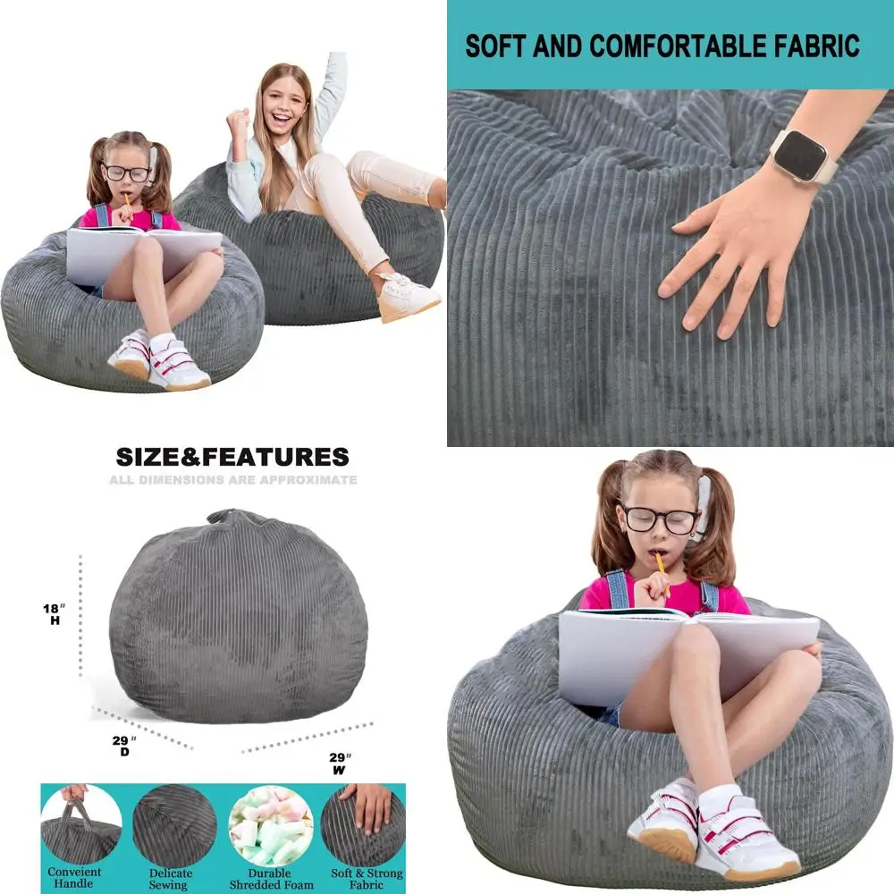 Dual Faux Rabbit Fur Bean Bag Chairs for Youth, Soft Memory Foam, 2.5ft Round Fluffy Sofa