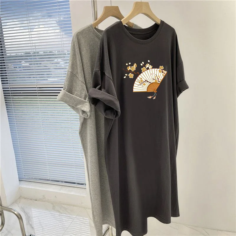 Summer Cartoon Printed Overknee Tunic, Vintage Loose Casual Basic Pullovers Dress, Women Clothing O-neck Short Sleeve Dresses