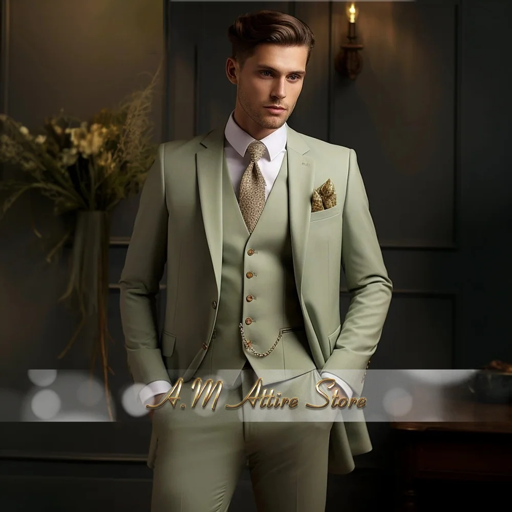 Sophisticated Sage Green 3pcs Suit for Men Jacket Vest Pants Premium Modern Tailored Set for Wedding Groomens Banquet Party Gift