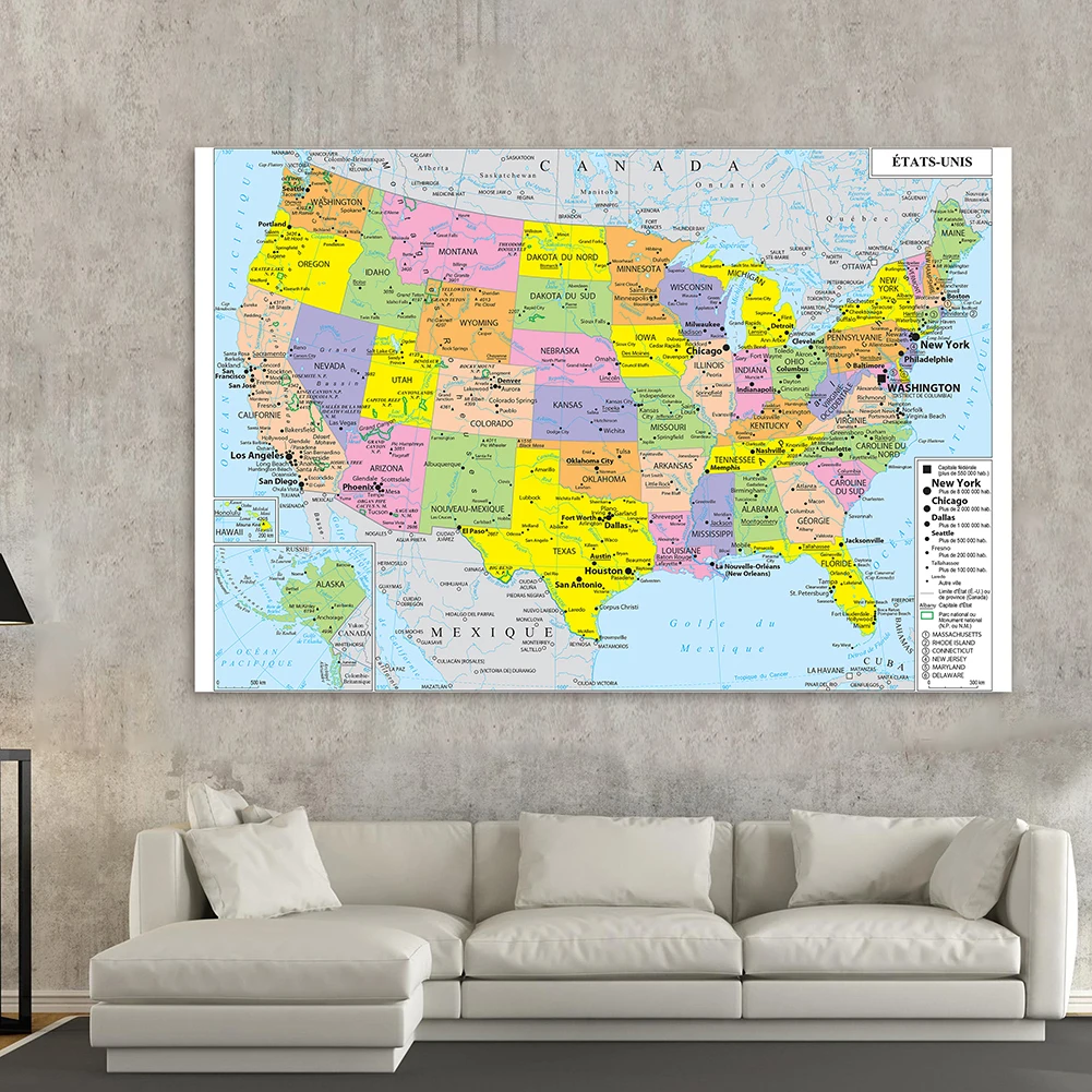 225*150cm mapa político dos estados unidos em francês não-tecido lona pintura grande cartaz casa decoração material escolar