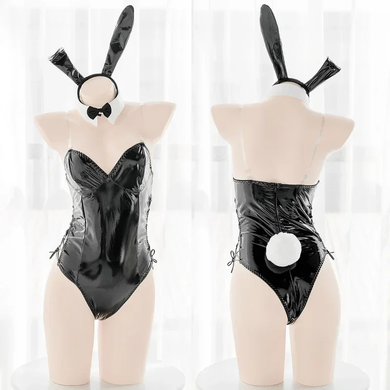 Sexy lingerie cosplay bunny costume PU leather bodysuit Mai Sakura Ajima rabbit suit kawaii ears 8 PCs anime maid outfit for W M