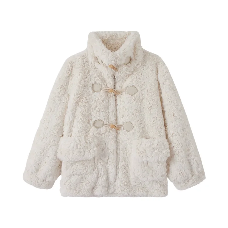 

Lamb Wool Jacket Chainsaw Woman Loose-Fit Flannel Overshirt Plaid Pattern Checkered Design Button-Embellished Pockets Beautiful