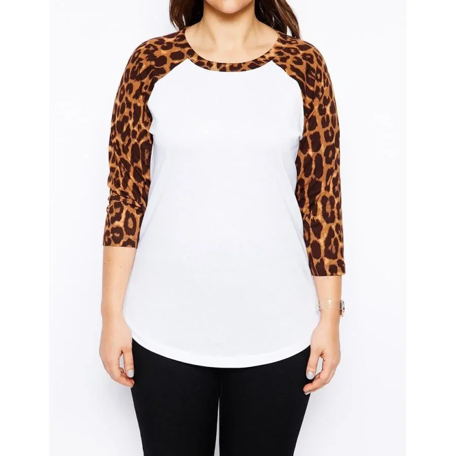 Plus Size Raglan Ärmel lässig Leopard Top Frauen Viertel Ärmel Rundhals ausschnitt weiß Frühling elegante Mode Bluse T-Shirt 6xl 7xl