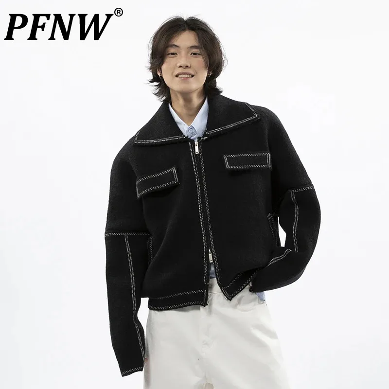 PFNW Men's Korean Style Lapel Sweater Short Zipper Cardigan Spliced Pocket Design Cloth Men's Simple Versatile Chic Tops 28W4989